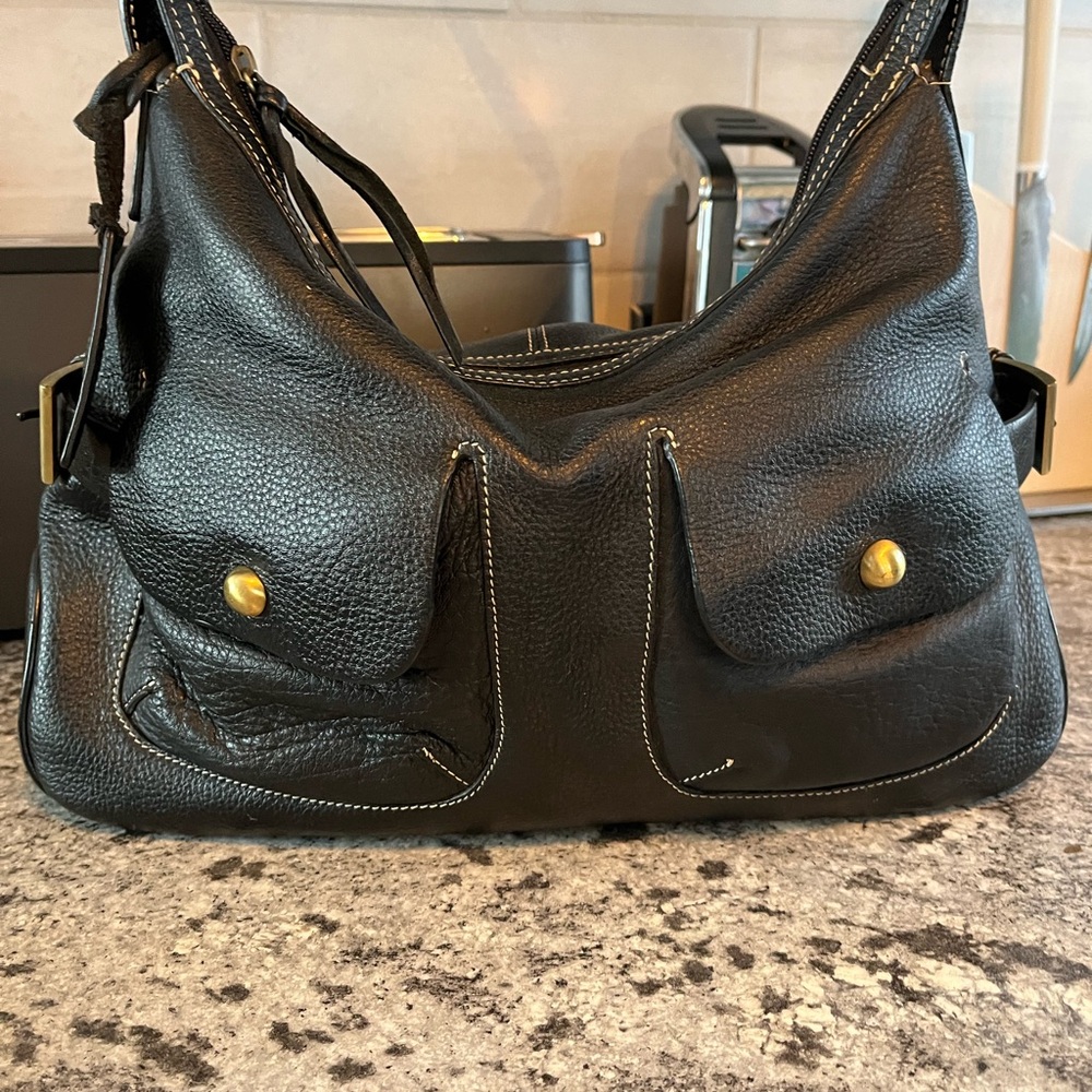 Aqua Madonna Black Pebbled Leather Satchel Shoulder Handbag Purse